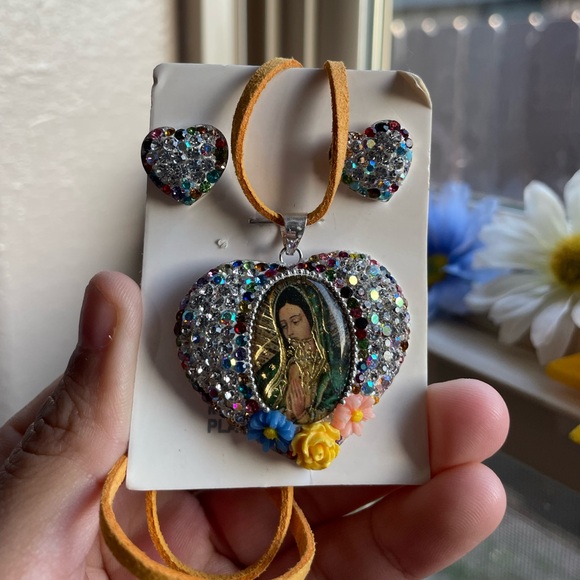 Our lady Guadalupe 925 sterling silver heart rhinestone pendant and earrings - Picture 12 of 17